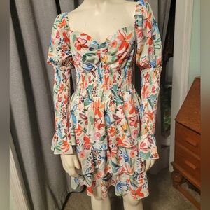 Fairy Celestial Flowy tiered smocked Dress Denim ❤️ Love Puff Sleeve Accents L